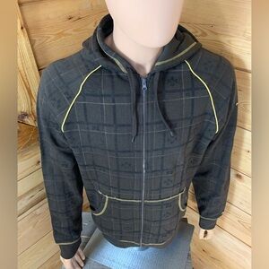 Point Zero Men's Large Brown Yellow Zip-Up Sweater Hoodie Streetwear Plaid Retro
